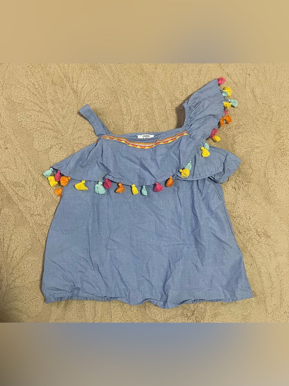 crown & ivy chambray blue one-shoulder tassel tank